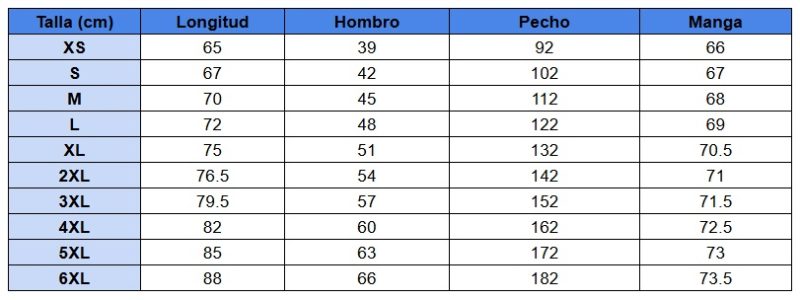 Tabla de tallas de sudadera para adultos