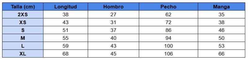 Tabla de tallas de sudadera para niños